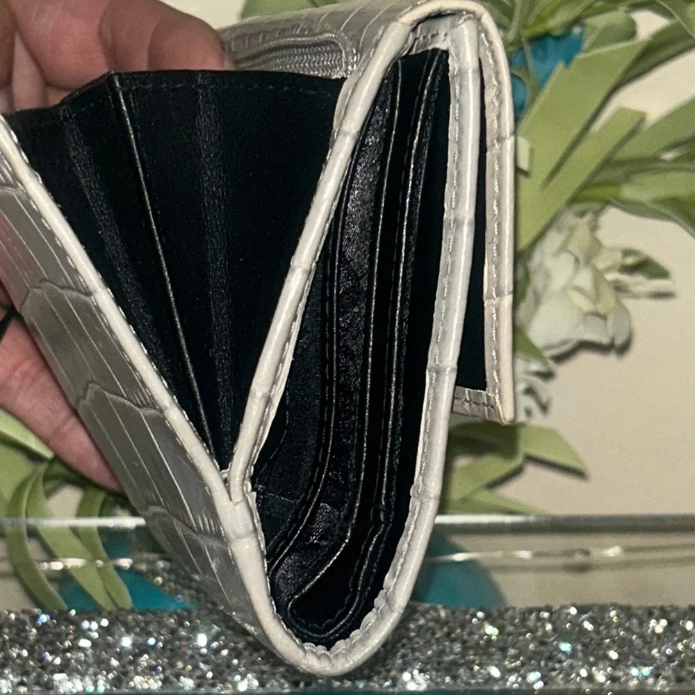 FURLA Light Gray Croc-Embossed Wallet With Dust Bag NWT